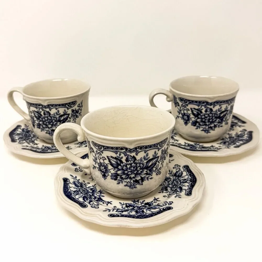 Blue Carnation Ironstone Cups & Saucers Set 3 Japan Blue White Vintage Floral